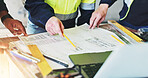 Blueprints, hands and laptop with construction worker people closeup on building site for planning. Architecture, collaboration and computer with engineering team writing on location for development