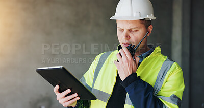 Buy stock photo Building, radio and tablet with construction worker man on site for civil engineering or development. App, communication and planning with developer person on worksite for project management