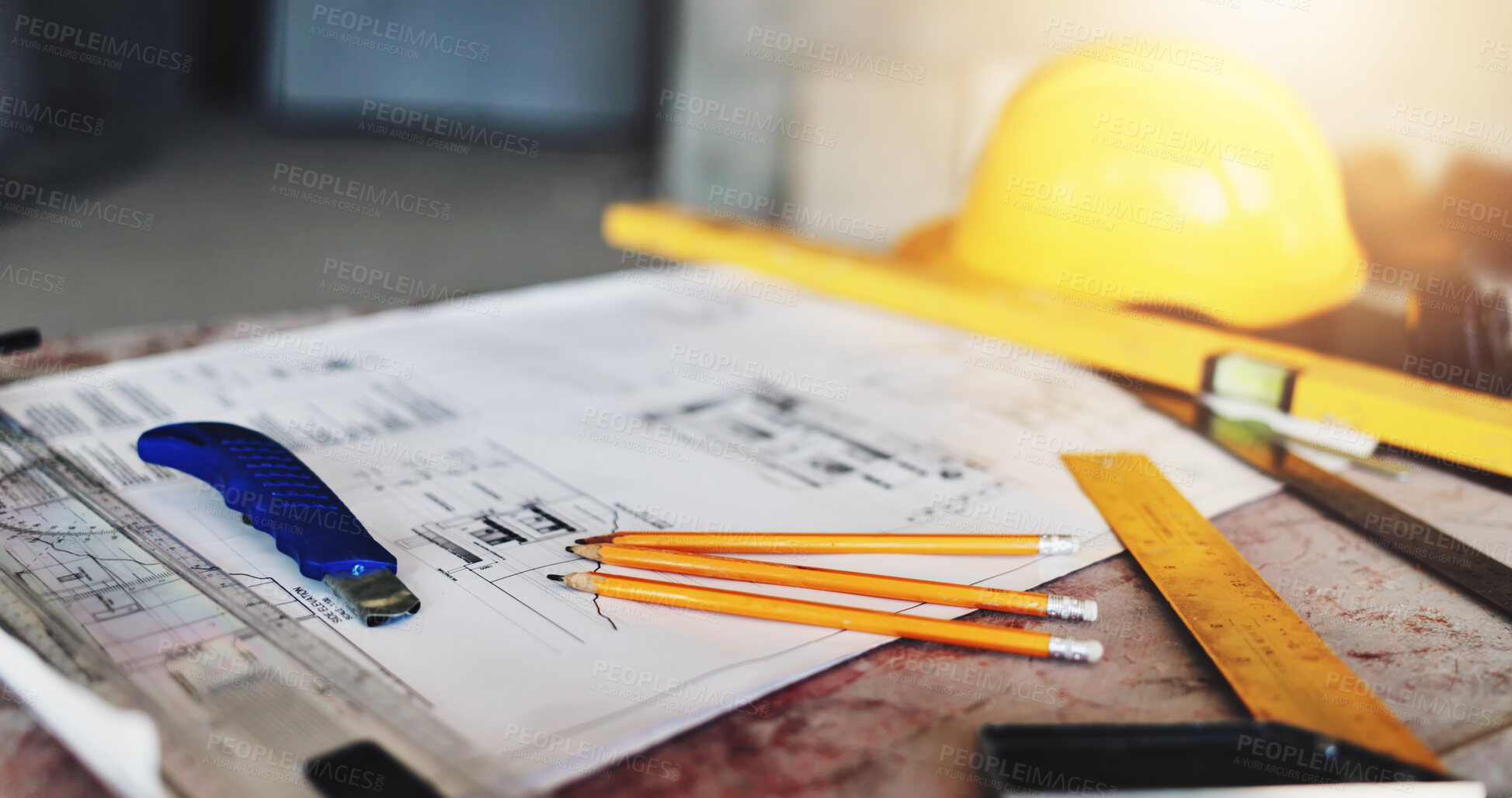 Buy stock photo Architecture, blueprint and drawing tools on table for renovation project, building design and planning. Pencil, scale and ruler equipment at construction site for floor plan and development process