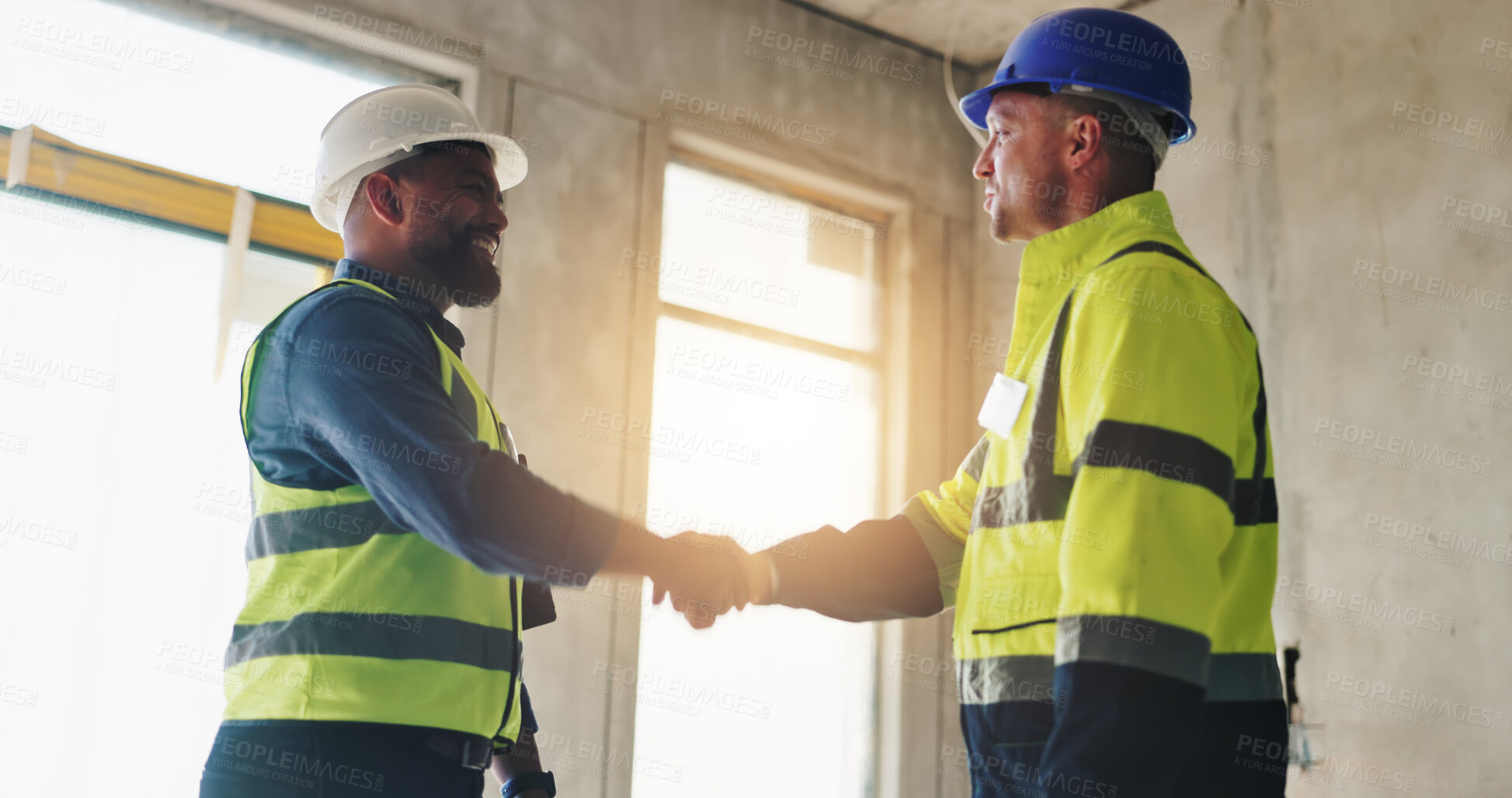 Buy stock photo Men, handshake and contractor for inspection of construction, industrial and building renovation. Engineer, architect and project management collaboration with maintenance, infrastructure and welcome