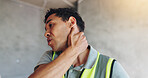 Man, construction worker and with neck pain for renovation, project and stress with injury at site. Person, engineer and builder with burnout, muscle fatigue and low angle with massage for relief