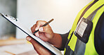 Man, hands and engineer with clipboard for inspection, industrial career and building renovation of development. Contractor, architect and construction site for maintenance or infrastructure project