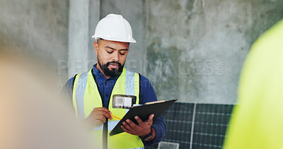 Buy stock photo Building, clipboard and inspection with construction worker man on site for civil engineering or development. Checklist, planning and reading with developer person on location for project management