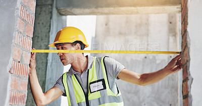 Buy stock photo Tape measure, engineer and man at door for construction, building and development. Builder, frame and check width with tools for architecture, renovation and inspection for installation accuracy