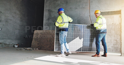 Buy stock photo Men, teamwork and construction with solar panel for sustainability, installation and building renovation. Electrician, contractor and site collaboration with maintenance for infrastructure project