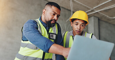 Buy stock photo Man, laptop and architect at construction site with discussion, review and team for renovation project. Lead engineer, computer and point with partner, solution or feedback for property development
