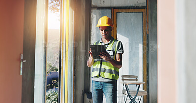 Buy stock photo Building, planning and tablet with construction worker man on site for civil engineering or development. App, digital plan and inspection with developer person on location for project management
