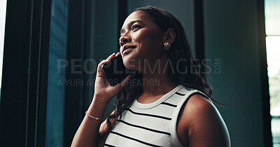 Buy stock photo Office, businesswoman and journalist with phone call for thinking, negotiation and questions to source. Below, person and publication editor with mobile for news verification, discussion and contact