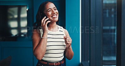 Buy stock photo Office, businesswoman and editor with phone call for laughing, talking and questions to source. Funny joke, female person and journalist with mobile for news verification, communication and contact