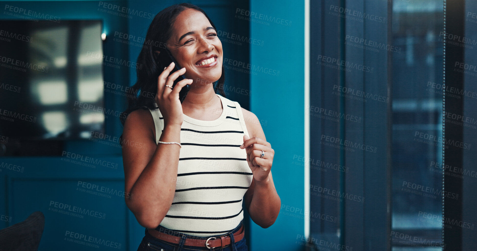 Buy stock photo Office, businesswoman and editor with phone call for laughing, talking and questions to source. Funny joke, female person and journalist with mobile for news verification, communication and contact