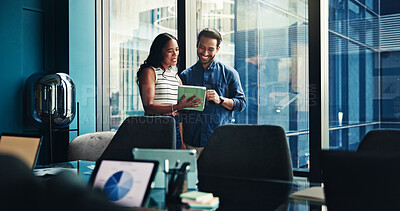 Buy stock photo Discussion, colleagues and people with tablet, office and smile for marketing strategy or online. Business, man and woman with tech for campaign, team and happy for info on website and collaboration