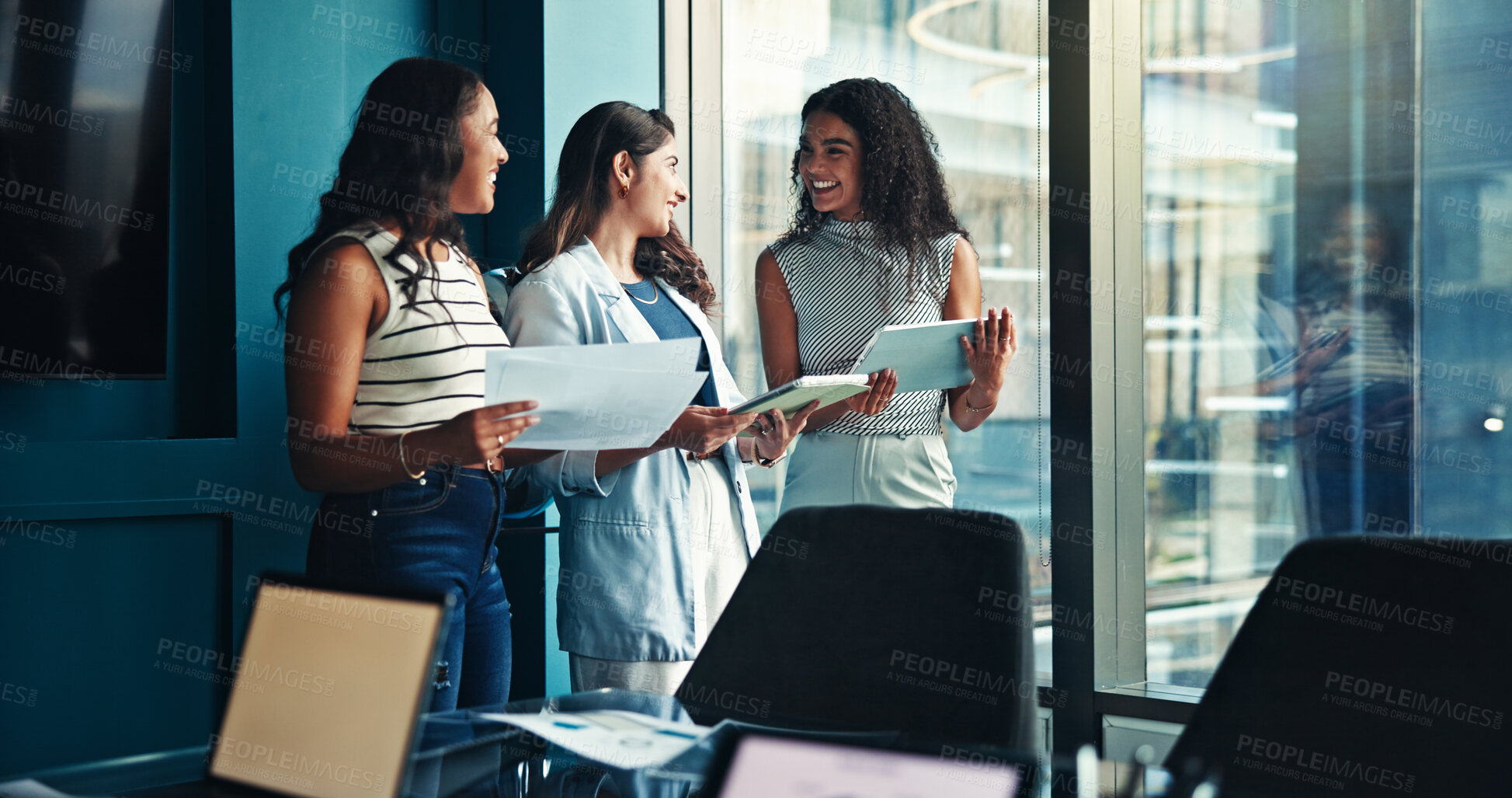 Buy stock photo Women, tablet and business people in office, conversation and discussion for profit growth. Group, specialist and employees in workplace, tech and financial advisor with budget report and digital app