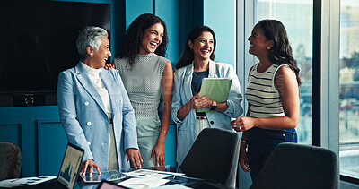 Buy stock photo Women, tablet and business people in office, funny and communication for profit growth. Group, cooperation and employees in workplace, tech and financial advisor with joke, inflation and laughing