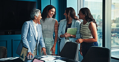 Buy stock photo Funny, tablet and business people with conversation, women or brainstorming for profit growth. Group, cooperation or employees with humor, tech or accounting with joke, laughing or meeting with app