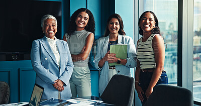 Buy stock photo Teamwork, tablet and business women in office, portrait and confidence with profit growth. Group, cooperation and employees in workplace, female empowerment or financial advisor with happiness or app