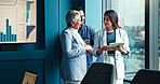 Talking, graphs or business people on tablet in office for research, forecasting or accounting data. Financial growth, finance analysts or news update for budget report, economy or review investment