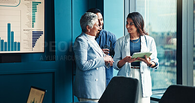 Buy stock photo Talking, graphs or business people on tablet in office for research, forecasting or accounting data. Financial growth, finance analysts or news update for budget report, economy or review investment
