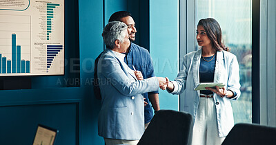 Buy stock photo Handshake, graphs or business people in finance meeting for budget, funding and capital growth. Partnership, deal agreement and financial advisor shaking hands with investor, charts and directors