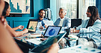 Business people, data and team discussion with ceo in meeting with financial metrics. Group, chart and brainstorming with manager for investment trends, proposal and strategy with stats in office