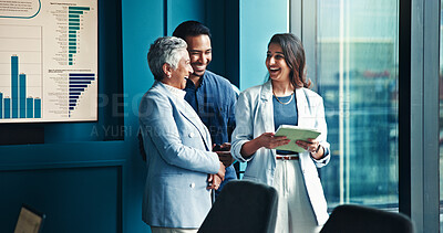 Teamwork, tablet and business people in office, conversation and charts for profit growth. Group, cooperation and employees in workplace, tech and financial advisor with graphs for inflation and app
