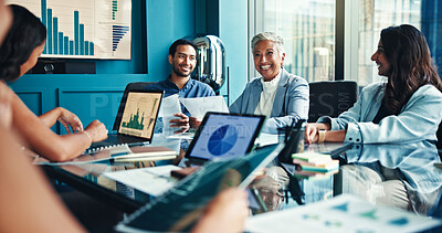 Buy stock photo Meeting, laptop and planning with business people in office for consulting, online performance and charts. Portfolio, investor report and digital update with employees in agency for budget review