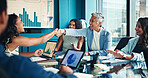Business people, finance or handshake with ceo in office for partnership, funding agreement or deal. Meeting, smile or shaking hands with investment team for performance stats, well done or thank you