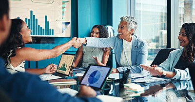 Buy stock photo Business people, finance or handshake with ceo in office for partnership, funding agreement or deal. Meeting, smile or shaking hands with investment team for performance stats, well done or thank you