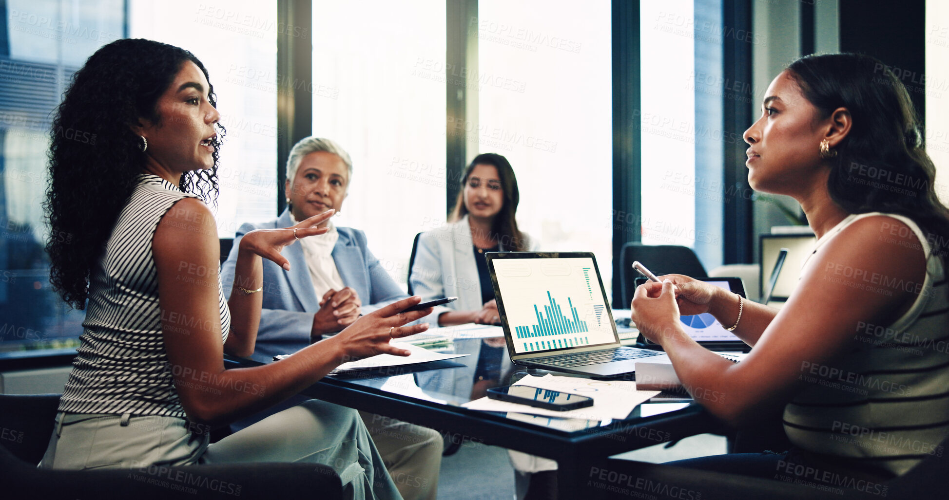 Buy stock photo Meeting, team and data analysis with business people in office for consulting, growth performance and charts. Laptop, investor report and account update with employees in agency for budget review