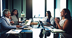 Collaboration, laughing and meeting with business women in boardroom of office together for planning. Diversity, funny and teamwork with employee group in workplace for development or discussion