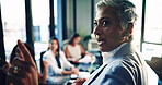 Meeting, presentation and planning with business woman in office for consulting, discussion and advice. Portfolio, investor report and account update with mature person and teaching for solution