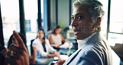 Buy stock photo Meeting, presentation and planning with business woman in office for consulting, discussion and advice. Portfolio, investor report and account update with mature person and teaching with pointing