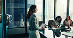 Boardroom, presentation and woman with tablet, group and data analyst with info, graphs and online. Meeting, colleagues and presenter with tech for insights, screen and people with digital report