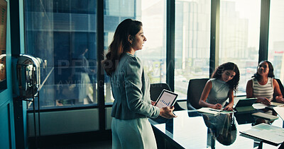 Buy stock photo Boardroom, presentation and woman with tablet, group and data analyst with info, graphs and online. Meeting, colleagues and presenter with tech for insights, screen and people with digital report
