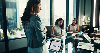 Buy stock photo Meeting, presentation and tablet with business woman in office for consulting, planning or chart feedback. Portfolio, investor report and account update with person for team, discussion and solution 
