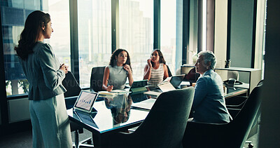 Buy stock photo Meeting, planning and tablet with business woman in office for consulting, presentation or chart feedback. Portfolio, investor report and account update with person for team, discussion and solution 