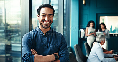 Buy stock photo Arms crossed, economist or portrait of businessman in meeting for forecasting or accounting data. Accountant, happy or proud financial analyst with economic charts for budget report or investment