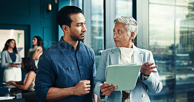 Buy stock photo Talking, mentor or business people on tablet in office for research, project or accounting proposal. Financial growth, finance analysts or news update for budget report, economy or review investment