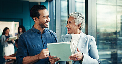 Buy stock photo Happy, team and people with tablet, office and smile for marketing strategy, online or collaboration. Business, man and woman with tech for campaign, colleagues and discussion for info on website