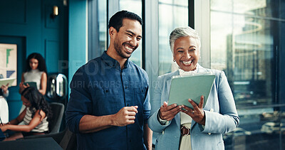 Buy stock photo Happy, charts or business people on tablet in meeting for profit, forecasting or accounting data. Financial growth, finance analysts or manager reading news update for budget report or investment