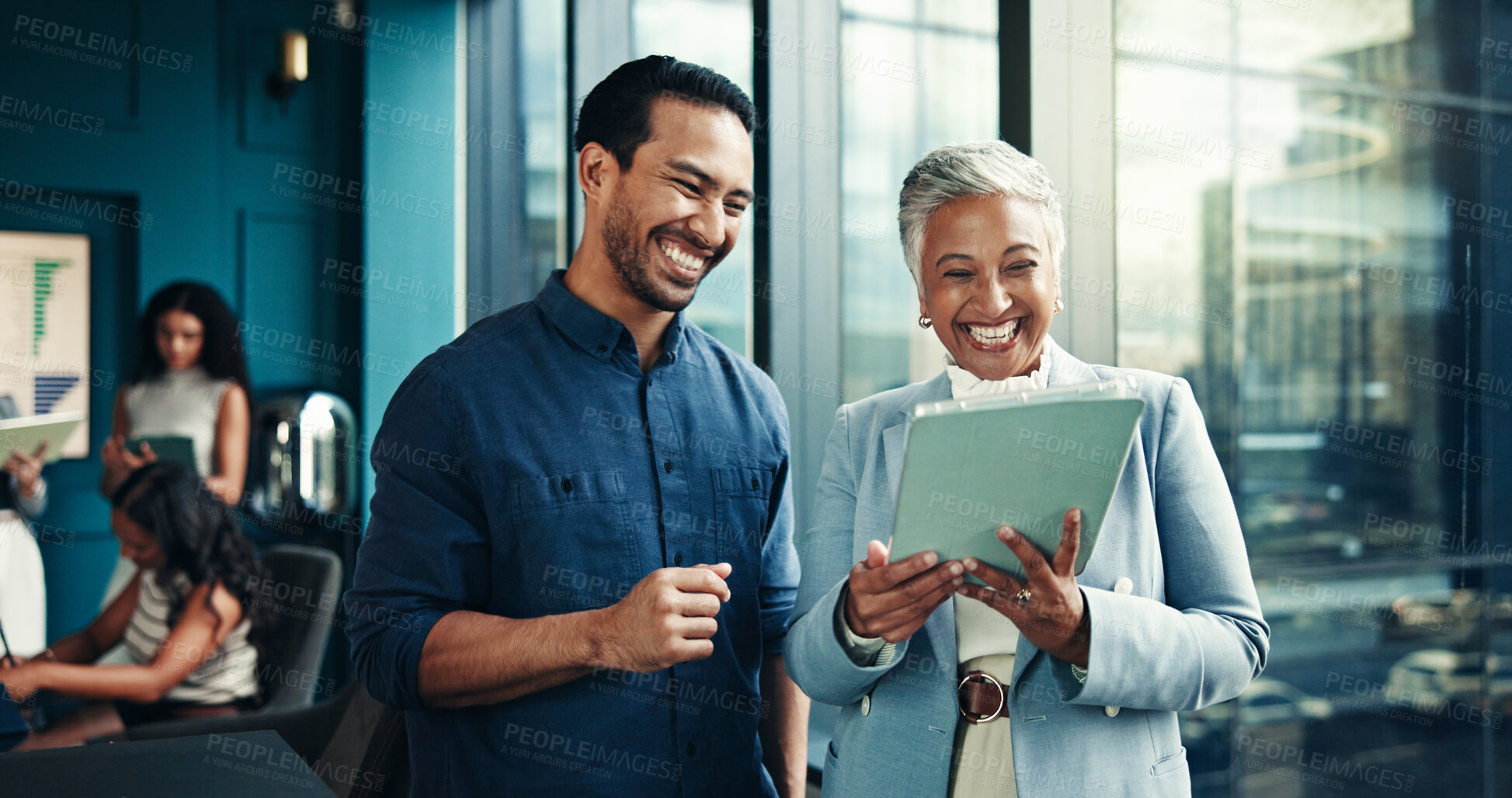 Buy stock photo Happy, charts or business people on tablet in meeting for profit, forecasting or accounting data. Financial growth, finance analysts or manager reading news update for budget report or investment