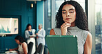 Thinking, accountant or businesswoman on tablet in meeting for research, sale ideas or accounting. Financial solution, finance analyst or news update for budget report, problem solving or investment