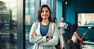 Buy stock photo Arms crossed, charts or portrait of businesswoman in meeting for graphs, forecasting or accounting data. Financial, confident or finance analyst with economic update for budget report or investment