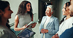 Talking, project or business people on tablet in lobby for research, teamwork or accounting proposal. Financial advisor, finance analysts or schedule agenda for budget report, funding or feedback