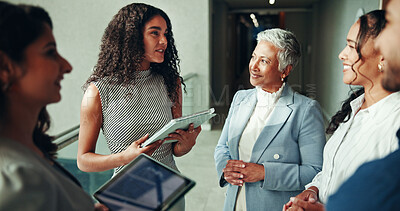 Buy stock photo Talking, project or business people on tablet in lobby for research, teamwork or accounting proposal. Financial advisor, finance analysts or schedule agenda for budget report, funding or feedback