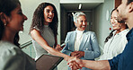 Smile, business and handshake with people in office for welcome, greeting and introduction at convention. Happy, woman and man shaking hands with partnership, agreement and congratulations of seminar