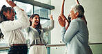 Celebration, team building and business women in huddle for collaboration, support and motivation. Unity, group and people for trust, solidarity and success with goals, targets and mission meeting