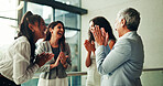 Celebration, applause and business women in huddle for collaboration, team building and motivation. Unity, group and people for trust, solidarity and success with goals, targets and mission meeting