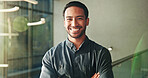Portrait, business and man with smile in lobby for career pride, about us and financial conference. Happy, male person and arms crossed for ambition, corporate event and finance opportunity at agency