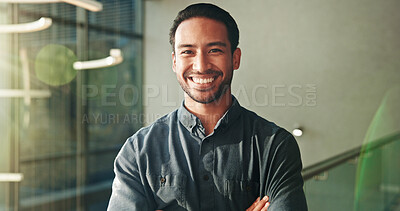 Buy stock photo Portrait, business and man with smile in lobby for career pride, about us and corporate accountant. Happy, male person and proud with arms crossed, ambition and finance opportunity in office space