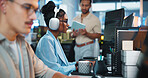 Coworking space, creative and business people with computer, programming and system management. Web design, coding and engineering team in office together for online software development at startup